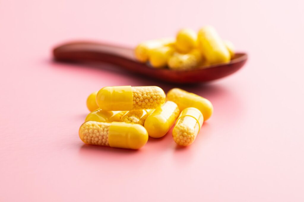 Vitamin capsules. Vitamin C pills.